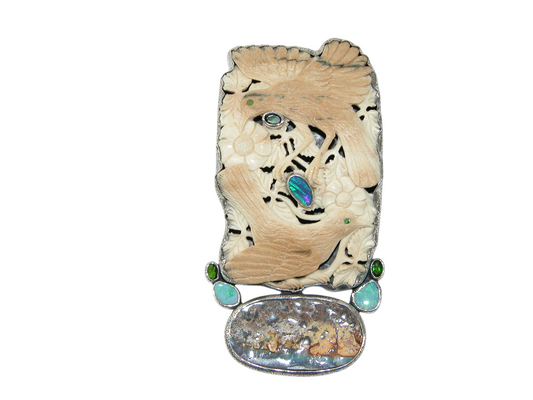 40094 Carved Birds Boulder Opal Sterling Silver Pin Pendant