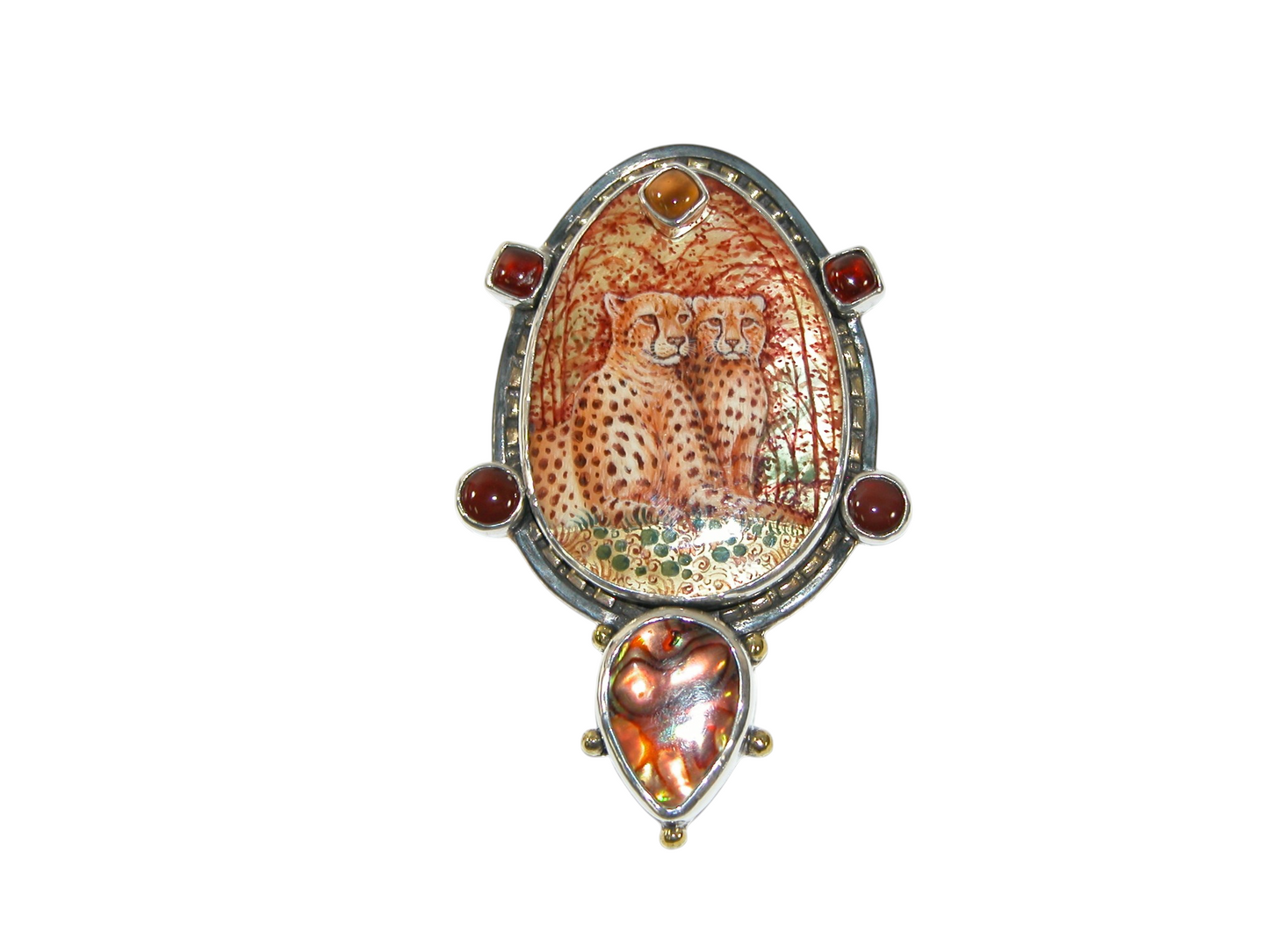 40082 Painted Leopard on Mother of Pearl Abalone Pin Pendant