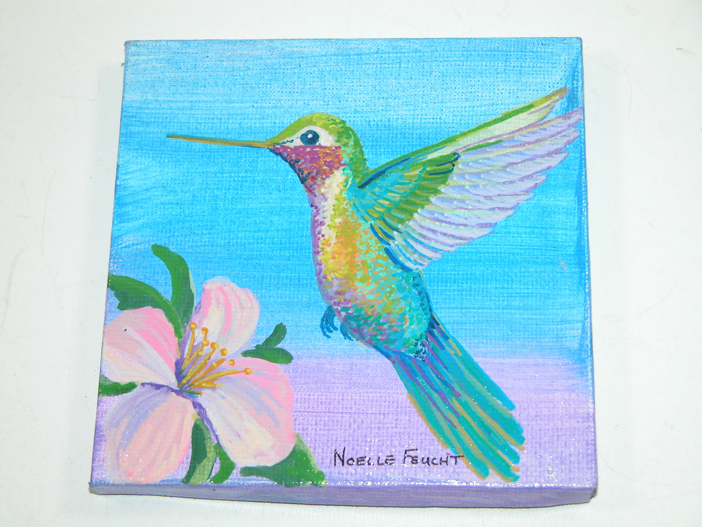 Original Acrylic Art By Noelle 4" X 4" Pink Hummingbird ART215