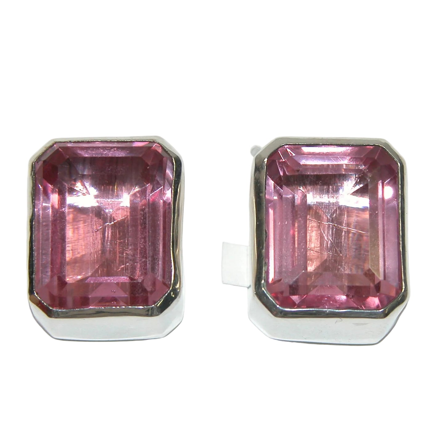 40114 Large Rectangular Pink Faceted Quartz Sterling Silver Earring