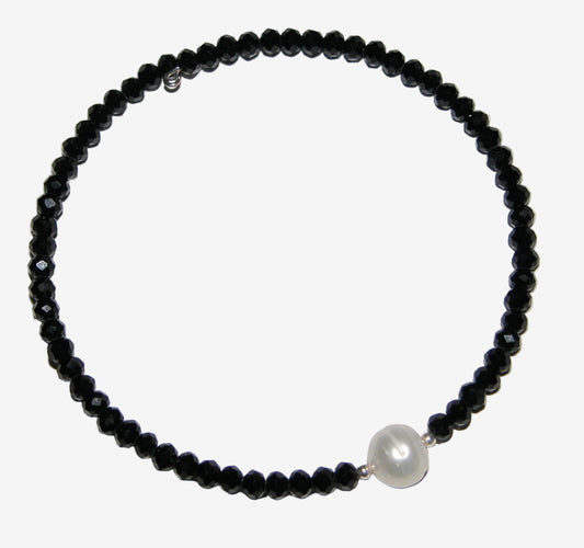 B34088 Freshwater Pearl, Crystal Memory Wire Bracelet