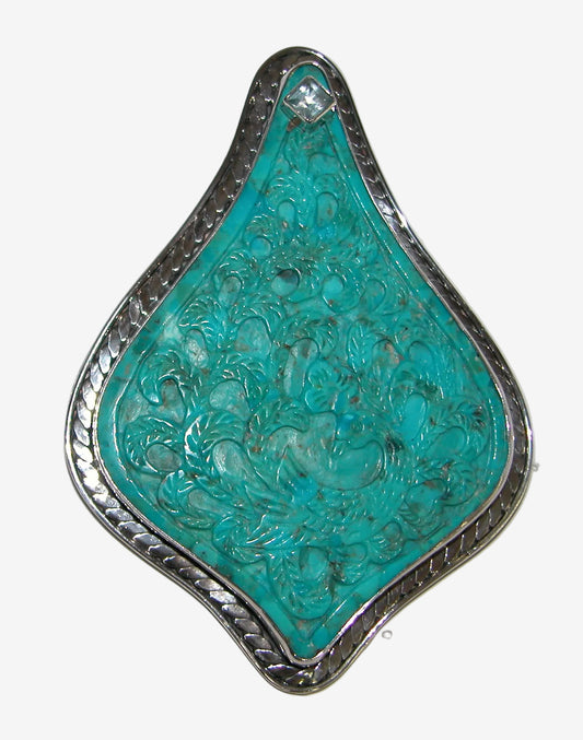 33180 Carved Turquoise, Blue Topaz, Sterling Silver Pin / Pendant