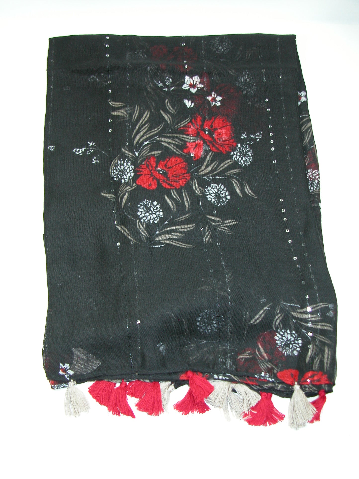 Black Shawl with Red and Taupe Tassel Sequin GF5110