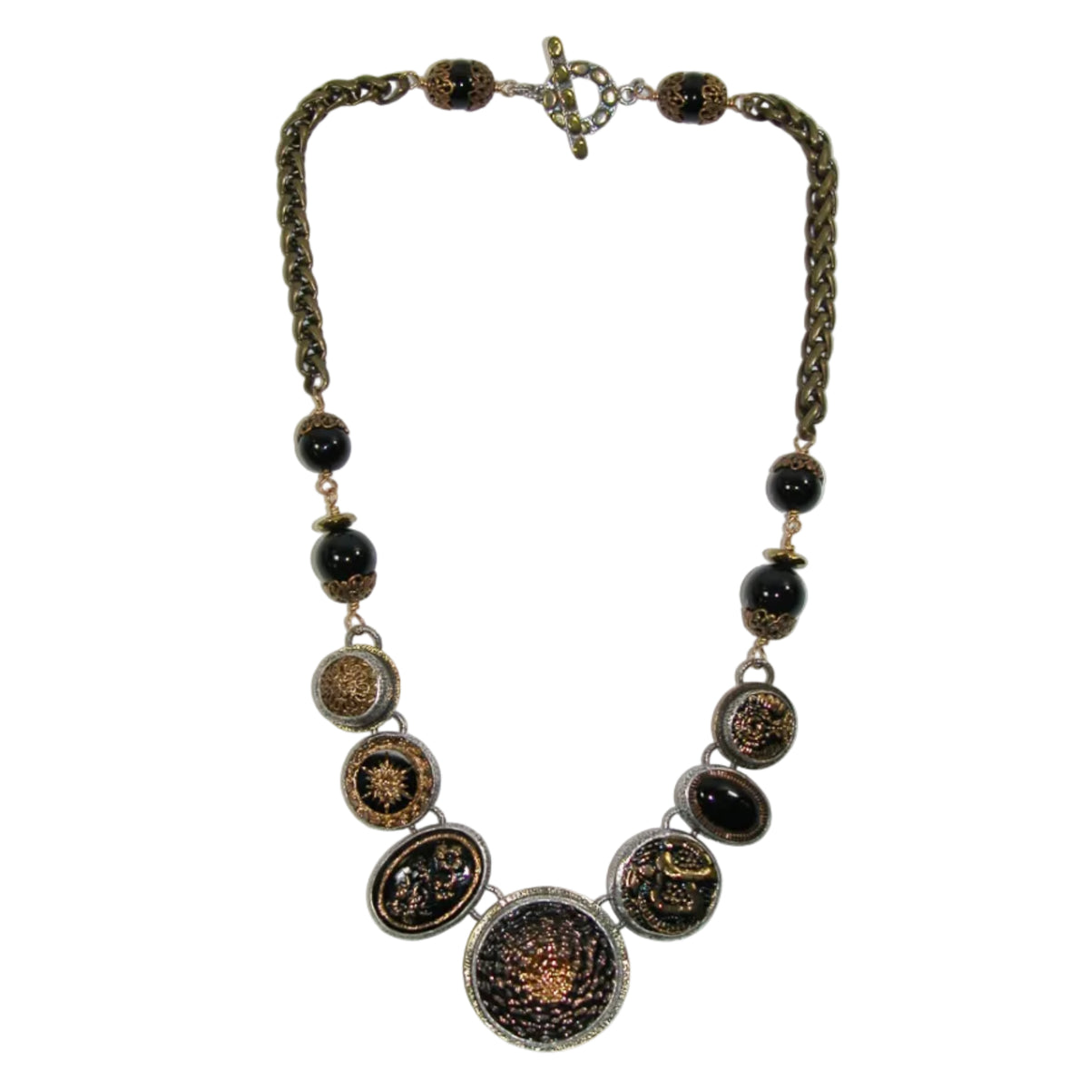 40124 Czech Glass, Vintage Buttons Sterling Silver Necklace