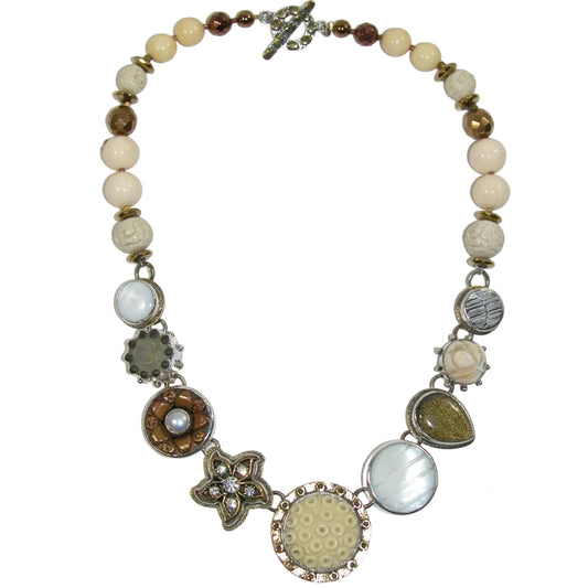 40122 Vintage Buttons, Mother of Pearl, Cinnabar, Bone, Tapestry Under Quartz Sterling Silver Necklace