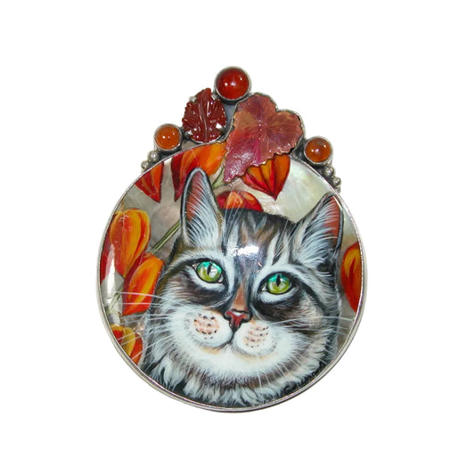31984 Hand Painted Mother of Pearl, Carnelian, Hessonite, Hand Enameled Sterling Silver Pin and Pendant