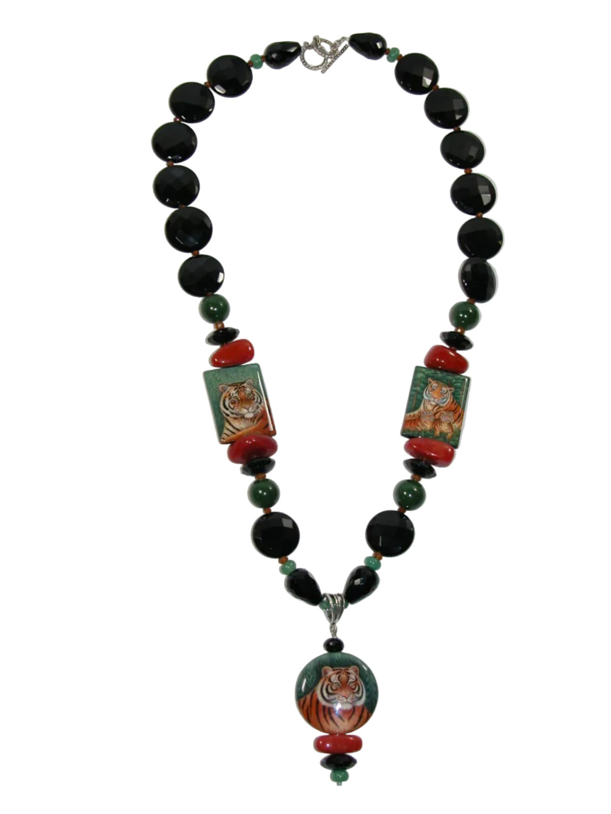 40129 Hand Painted Miniature on Black Onyx, Jade, Hessonite, Agate Aventurine Sterling Silver Necklace