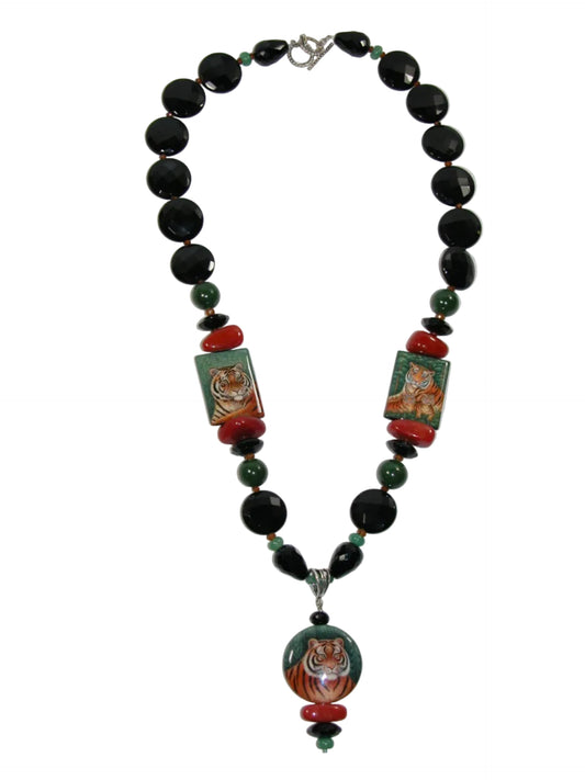 40129 Hand Painted Miniature on Black Onyx, Jade, Hessonite, Agate Aventurine Sterling Silver Necklace
