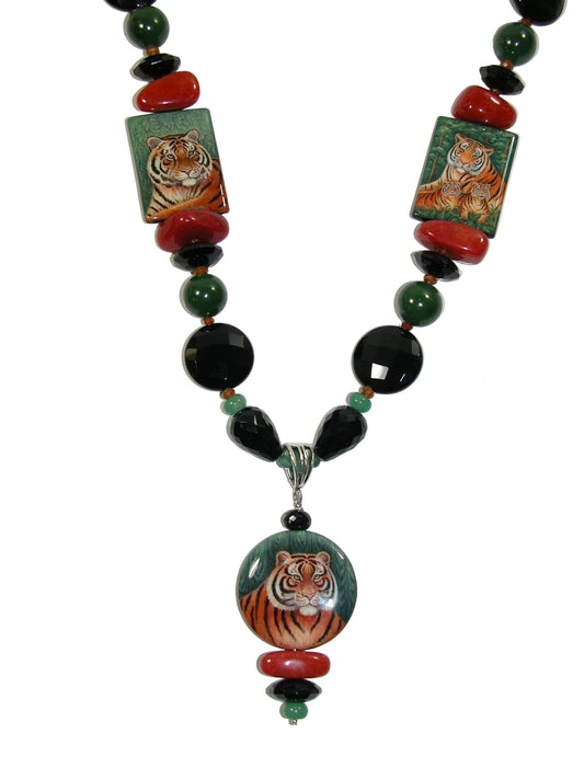 40129 Hand Painted Miniature on Black Onyx, Jade, Hessonite, Agate Aventurine Sterling Silver Necklace
