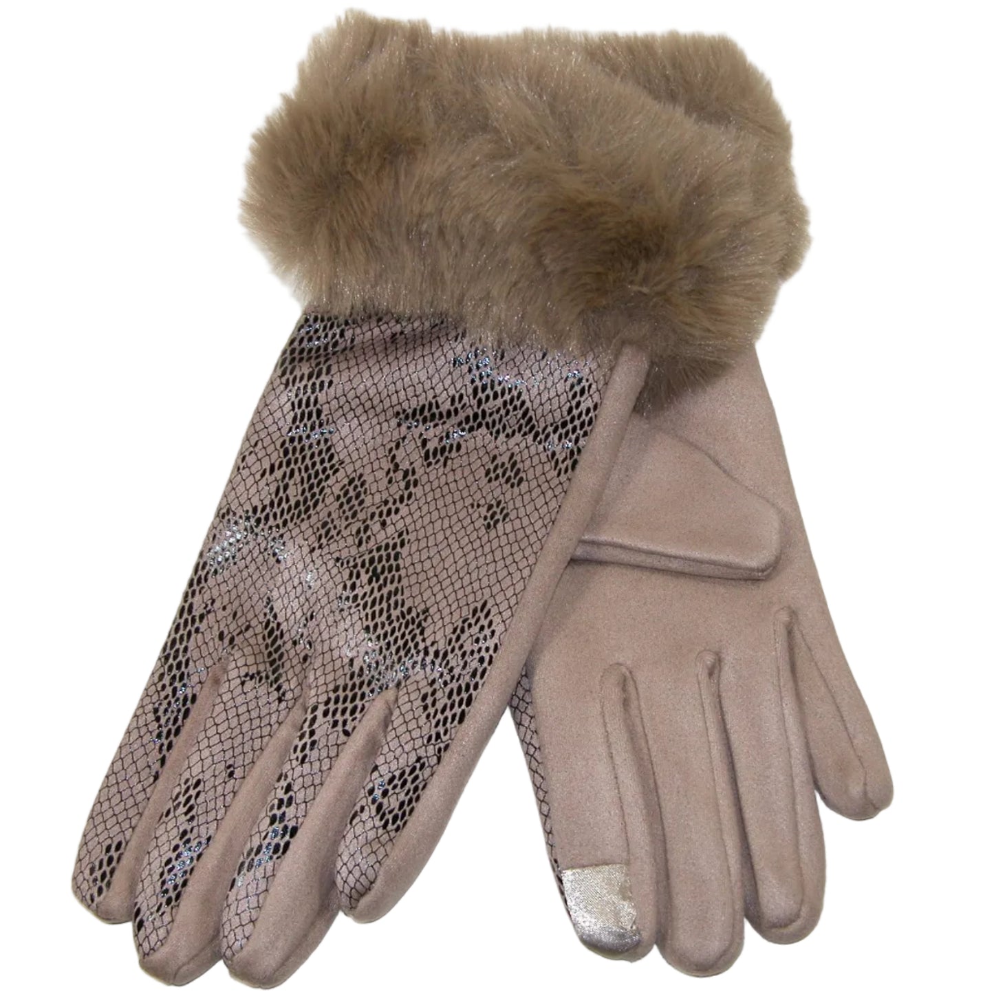 Tan Taupe Snakeskin Glove with Faux Fur Trim GF5166