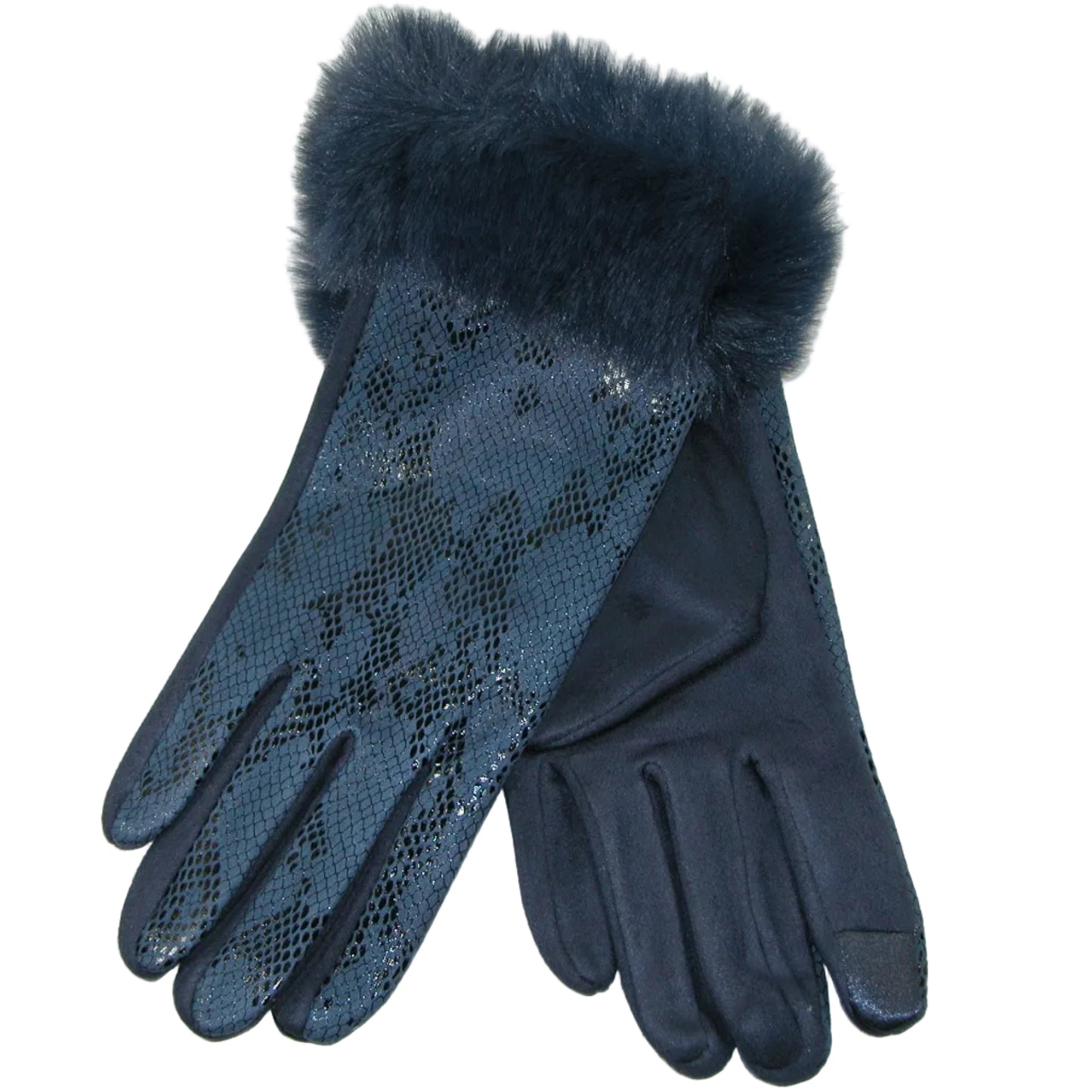 Navy Blue Snakeskin Glove with Faux Fur Trim GF5164
