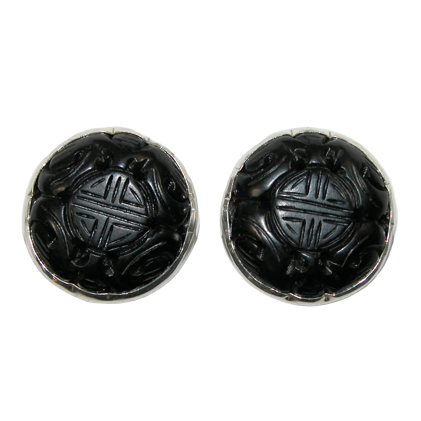 40175 Carved Jet Sterling Silver Earrings Post or Clip-On