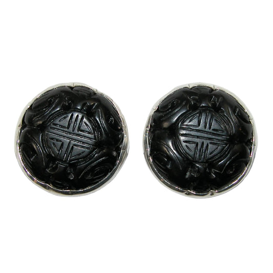 40175 Carved Jet Sterling Silver Earrings Post or Clip-On