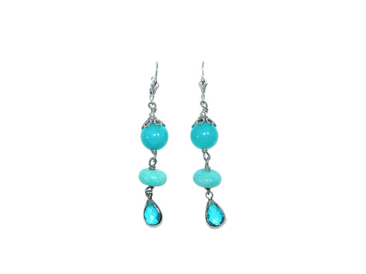 32569L 3 Stone Amazonite, Celestial Quartz, Sterling Silver Earrings