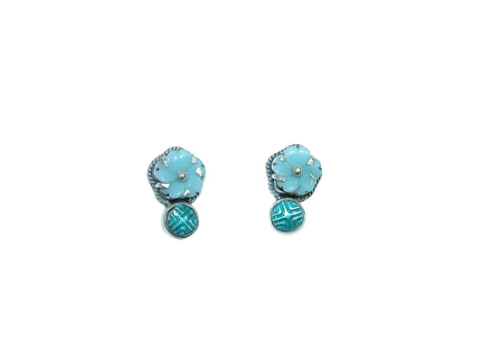32194A Amazonite Carved Flower, Hand Enameled, Sterling Silver Earrings