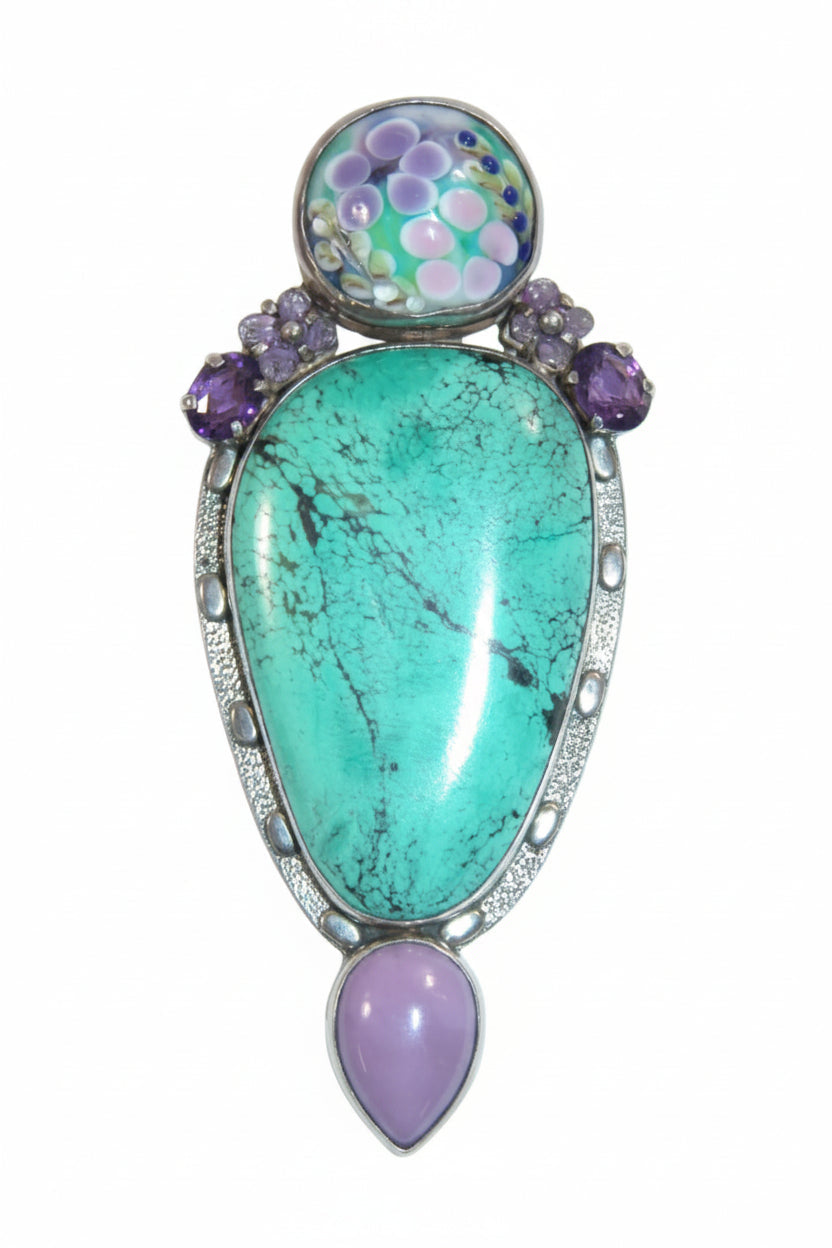 40181 Turquoise, Amethyst, Phosphosiderite, Glass Sterling Silver Pin/Pendant