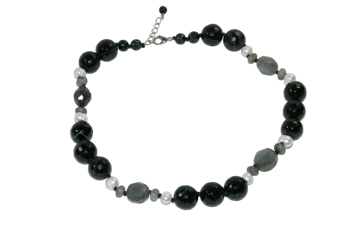 40186 Labradorite, Freshwater Pearl, Black Onyx, Sterling Silver Necklace