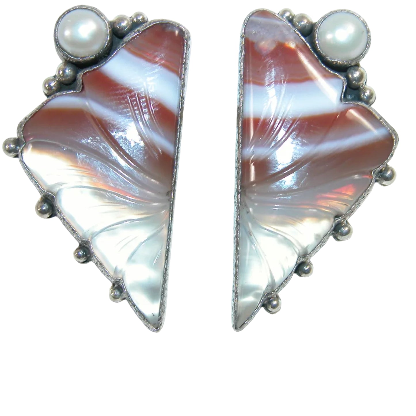 31945 Hand Carved Carnelian Agate, Fresh Water Pearl, Sterling Silver Earrings