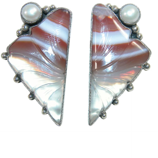 31945 Hand Carved Carnelian Agate, Fresh Water Pearl, Sterling Silver Earrings