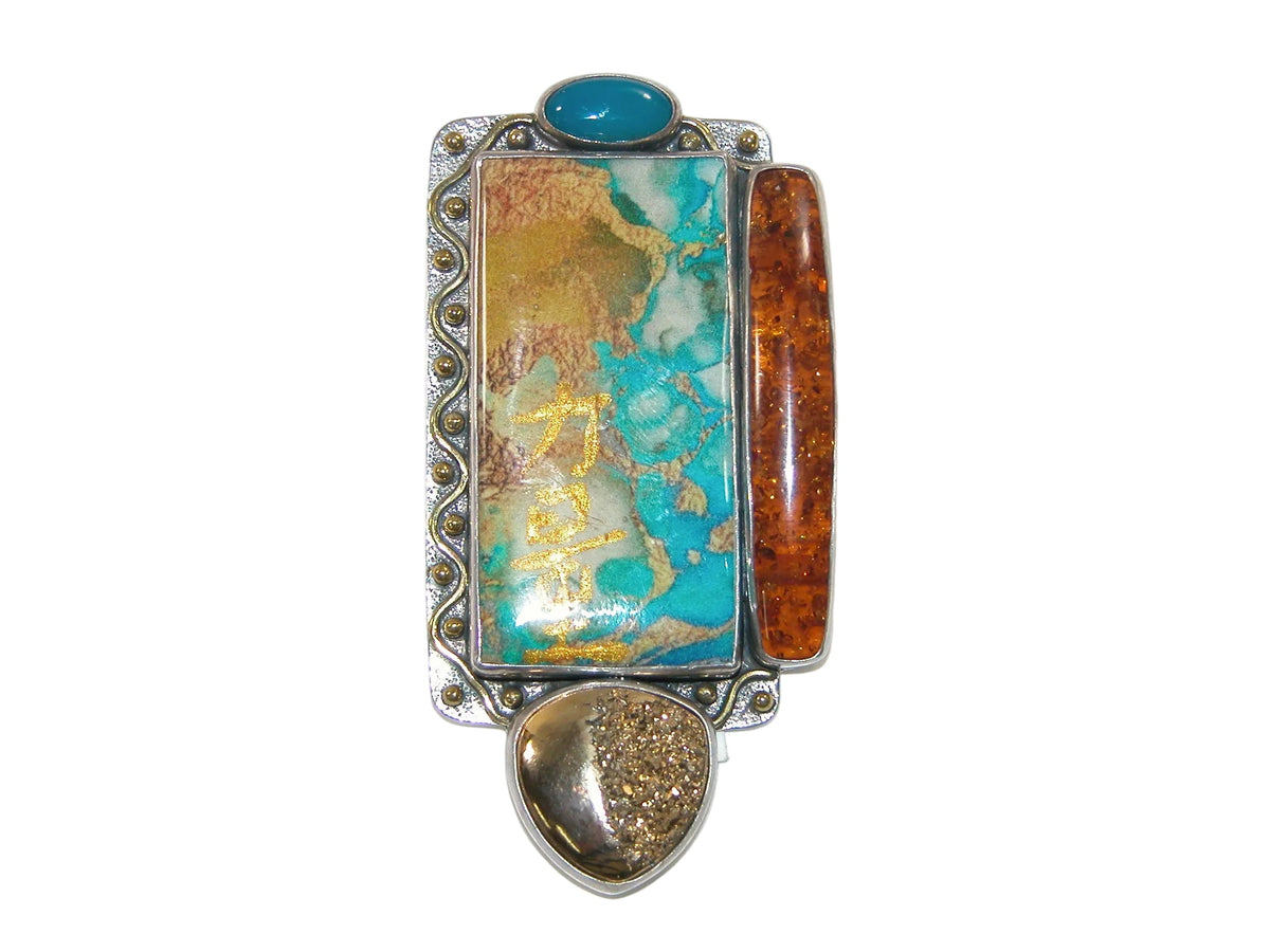 31926 Amber, Pyrite, Drusy, Agate, Hand Painted Sterling Silver Pin/Pendant