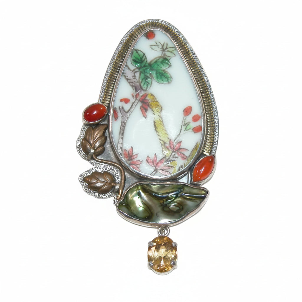 32310 Hand Painted Miniature, Abalone, Citrine, Carnelian Sterling Silver Pin/Pendant