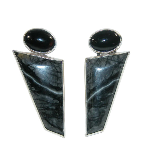34460A Black Onyx and Picasso Marble Sterling Silver Earrings