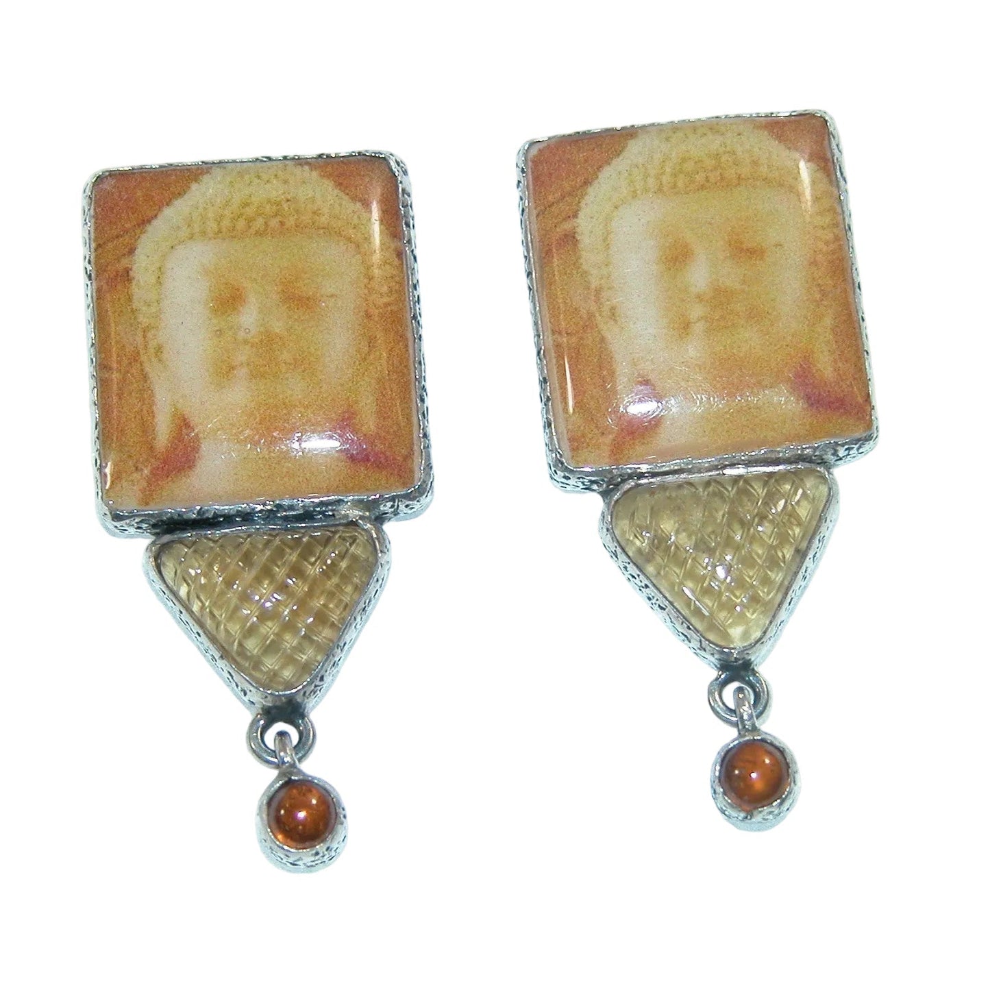 40183 Handmade Buddha Tile, Hessonite, Citrine Sterling Silver Earring