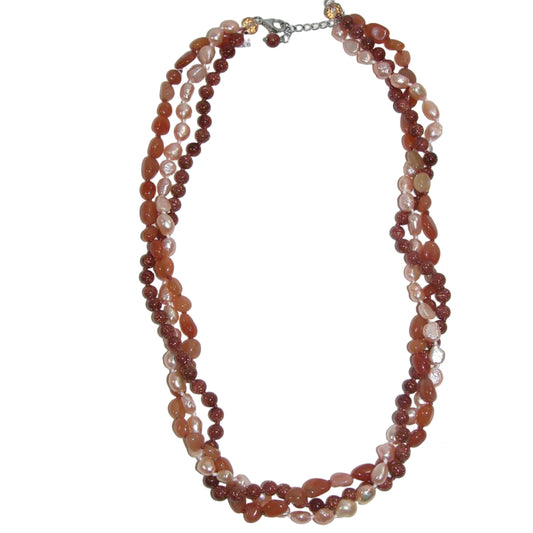 32205 Carnelian, Goldstone, Fresh Water Pearl Multi-Strand Necklace