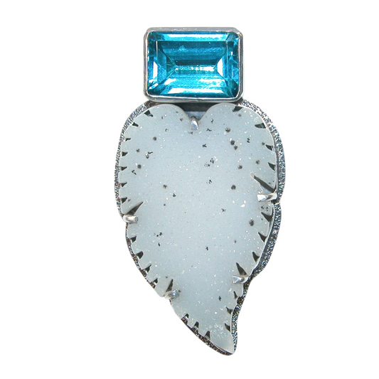 40138 Faceted Blue Topaz Drusy Leaf Sterling Silver Pin and Pendant