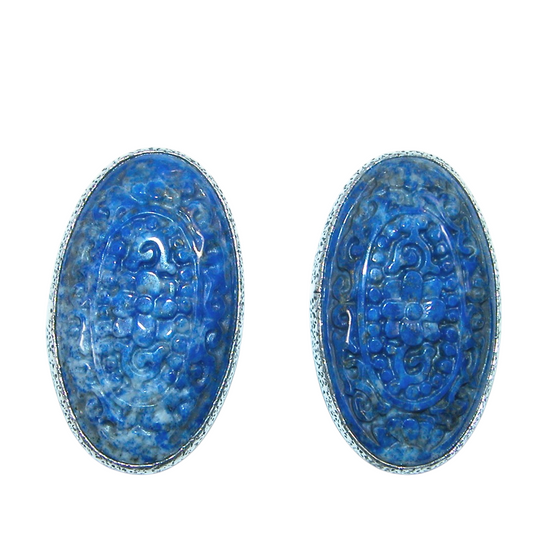 40171 Carved Lapis Oval Sterling Silver Clip or Post Earring