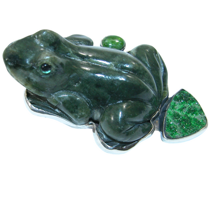 40141 Jade Frog Green Drusy Sterling Silver Pin Pendant