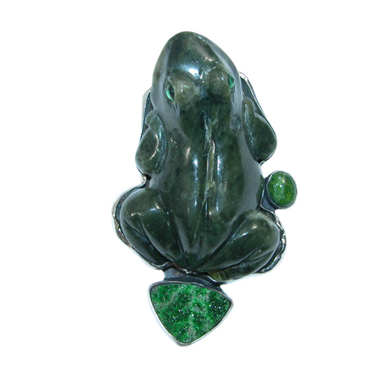 40141 Jade Frog Green Drusy Sterling Silver Pin Pendant
