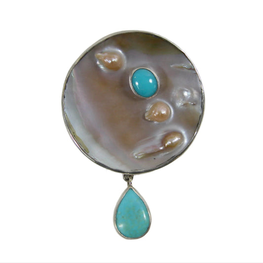 32767A Freshwater Pearl and Turquoise Sterling Silver Pin and Pendant