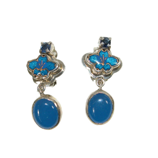 32525A Hand Enameled Blue Flower Drop Earrings with Blue Quartz Sterling Silver Earrings