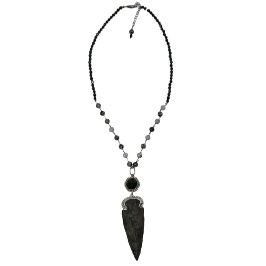 Black Onyx, Agate, Rutilated Quartz Beaded Sterling Silver Necklace
