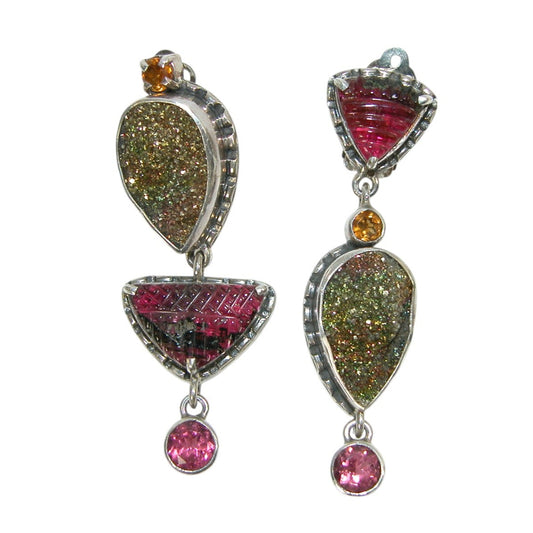 30097 Carved Tourmaline Drusy Sterling Silver Earrings