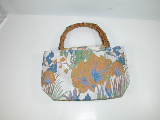 Blue Yellow Floral Bamboo Handle Purse GF2091
