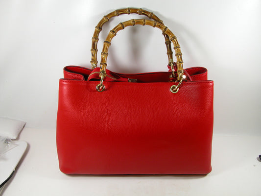 Bamboo Handle Red Handbag Purse Leather Italian GF3001