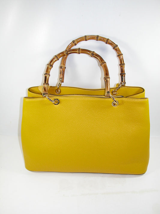 Bamboo Handle Yellow Handbag Purse Leather Italian GF3002