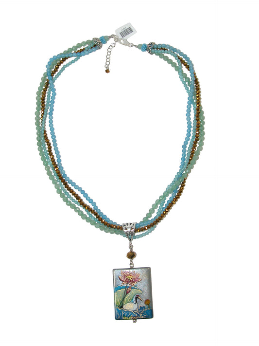34257 Amazonite, Hematite, Hand Painted Flower Sterling Silver Necklace
