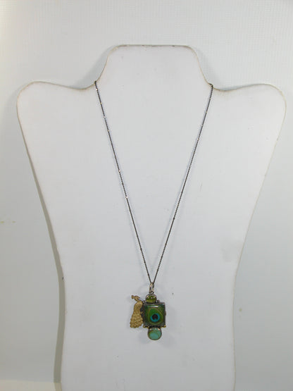 30049 Green Peacock Feather Tile Vesuvianite Sterling Silver Pendant Necklace