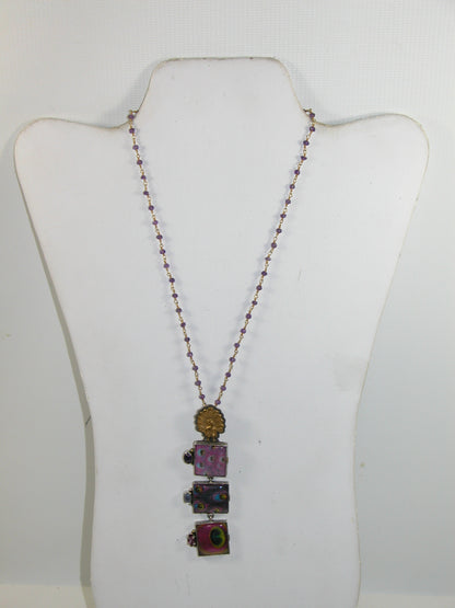 30052 Hand Made Peacock Feather Tile Amethyst Iolite Sterling Silver Pendant Necklace