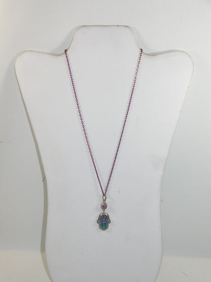 32982 Hand Enameling Hamsa, Phosphosiderite Sterling Silver Necklace