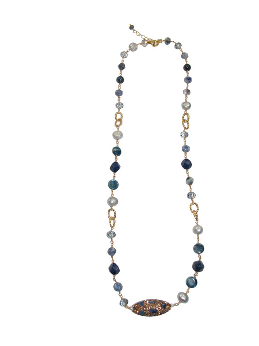 N5477 Lapis Glitter Bead Pearl Jointed Necklace