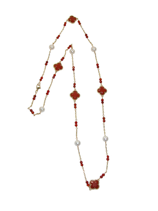 N5473 Red Jasper Clover Pearl Necklace