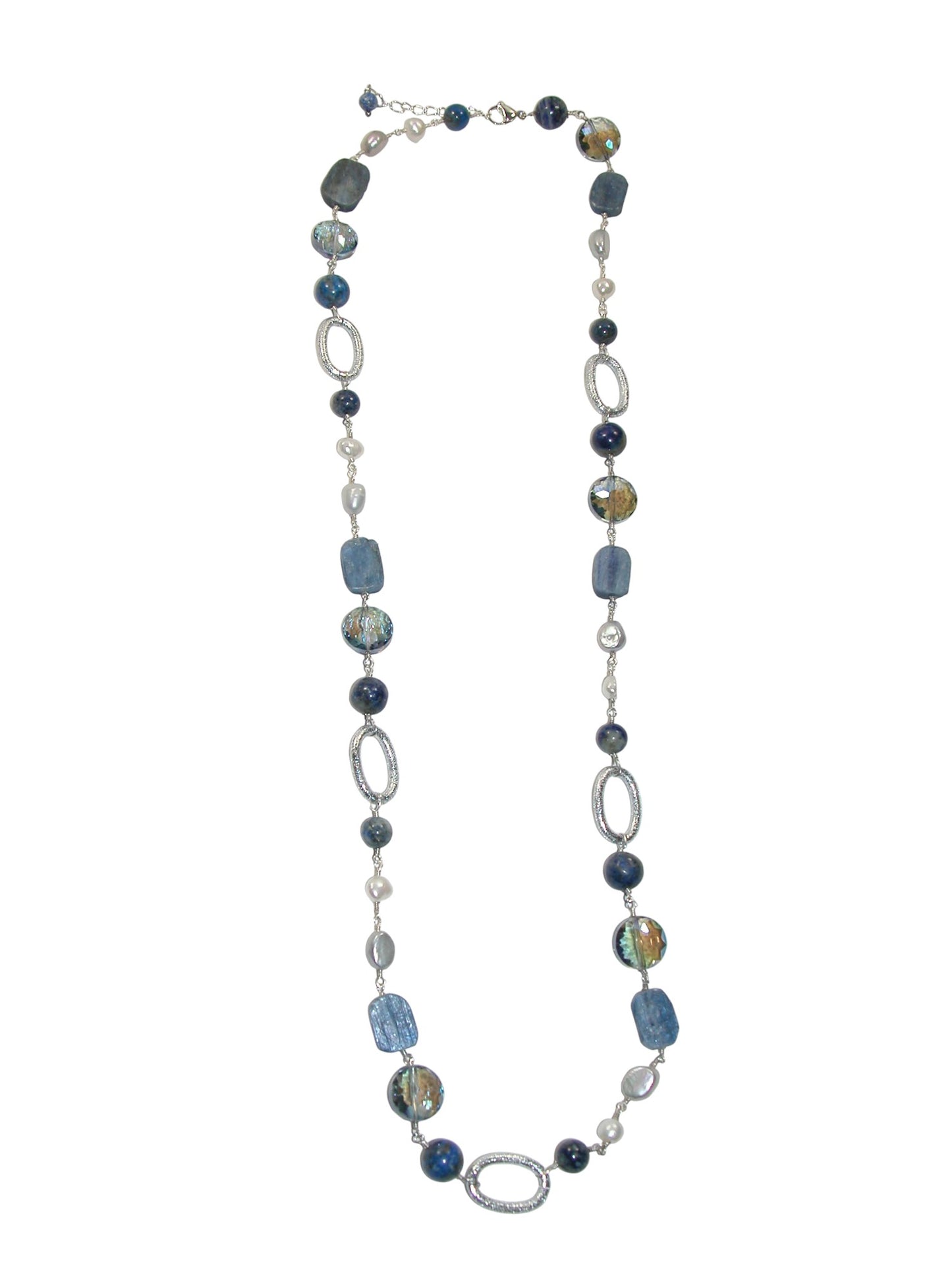 N5474 Kyanite Pearl Jointed Long Necklace