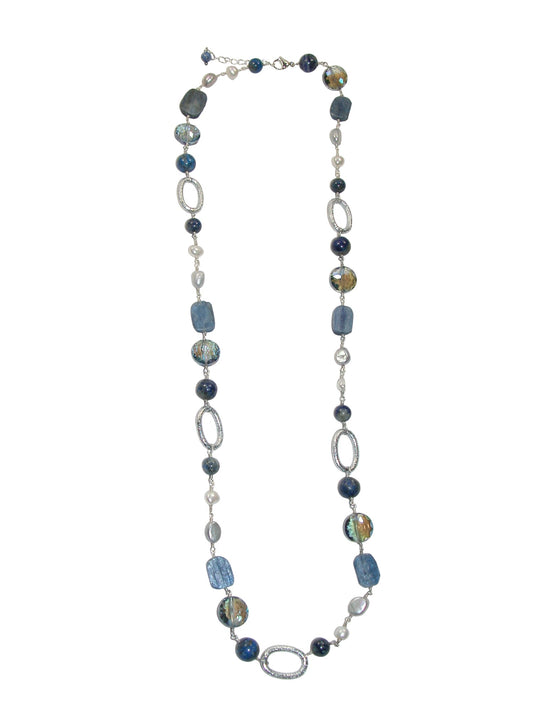 N5474 Kyanite Pearl Jointed Long Necklace