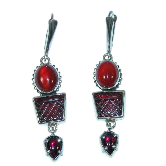 39622L Hand Carved Garnet and Carnelian Earrings set in Sterling Silver