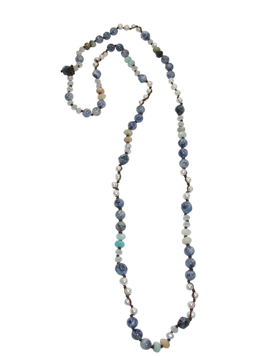 N5315 Sodalite Pearl Knotted Lon Necklace