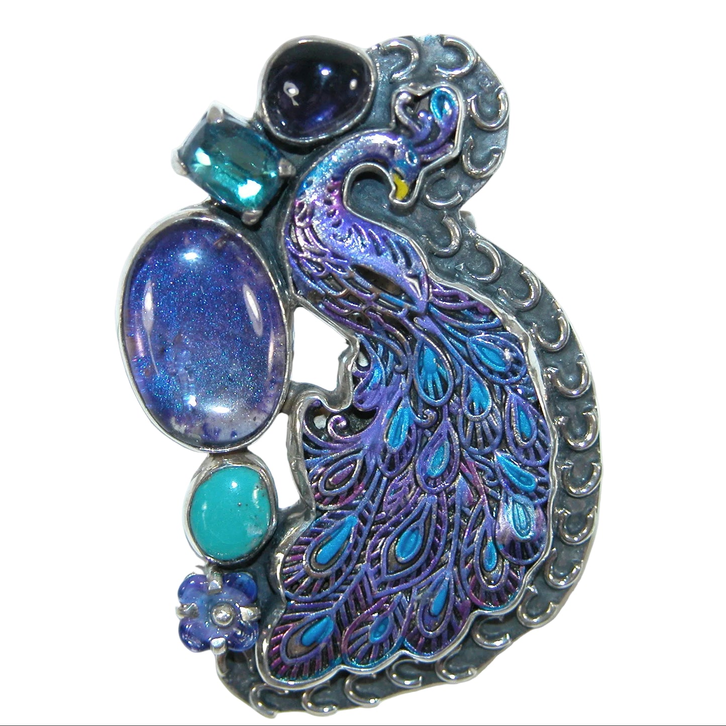 33852 Enameled Peacock with Quartz, Turquoise and Iolite